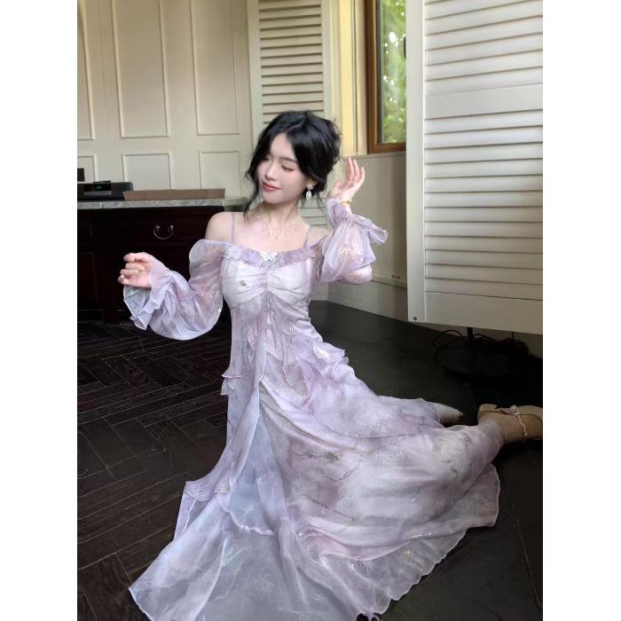 Women s 2026 French Ruffled One-Shoulder Summer Dress - Elegant Waist-Cinched Long Fairy Dress L