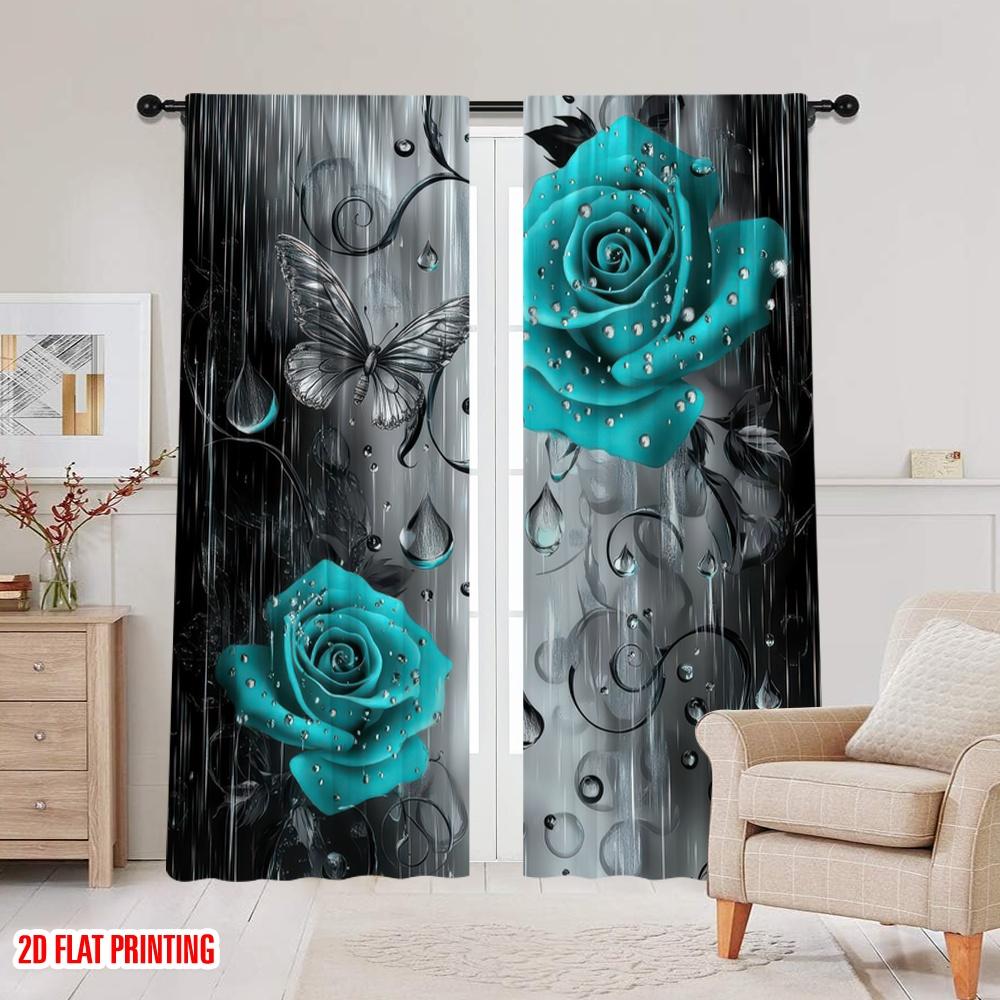 2D Flat Printing 2pcs Window Drapes Turquoise Floral Raindrops Versatile Durable Polyester,Without Electricity Family Party