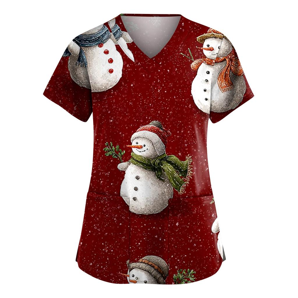 Dammode V-ringad Kortärmad Arbetskläder Med Fickor Jultryck Topp Vårdgivare Uniform