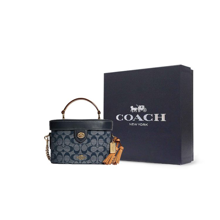 Coach Kay 20 Classic Monogram Chambray Full Print Knob Flap Tassel Box Shape Shoulder Crossbody Bag Women Handbags Denim-Blue C8165-IMDEI