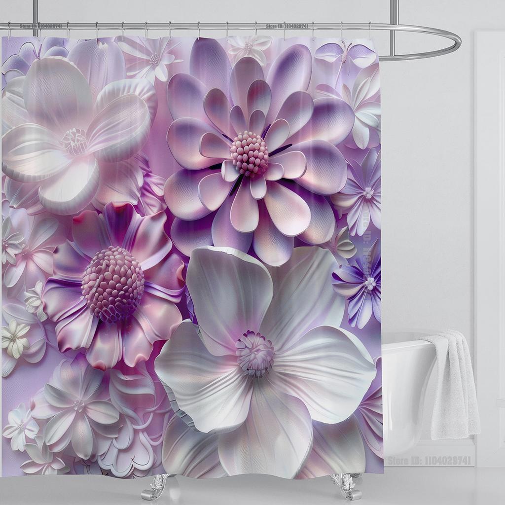 3D Red Floral Shower Curtain Set Pink Flower Design Fabric Bathroom Decor Waterproof Washable Shower Curtain Set with Hooks