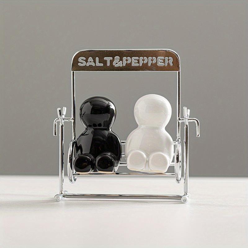 1 Set of Charming Black,White Salt,Pepper Shakers ,Ceramic, Modern Kitchen Spice Jars with Metal Stand, Ideal for Western Dining Table Decor
