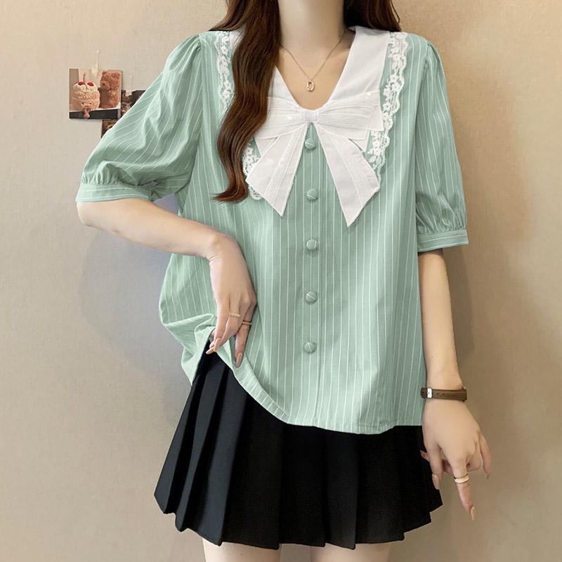 

VONDA Summer Women Bow Tie Short Sleeve Lace Hem Striped Casual Blouse 4XL зелёный