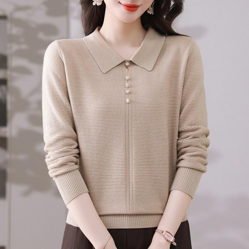 

Женский трикотажный свитер с лацканами, модный в 2025 году - Однотонный, Молодящий, Легкий, С длинным рукавом, для весны и осени. L