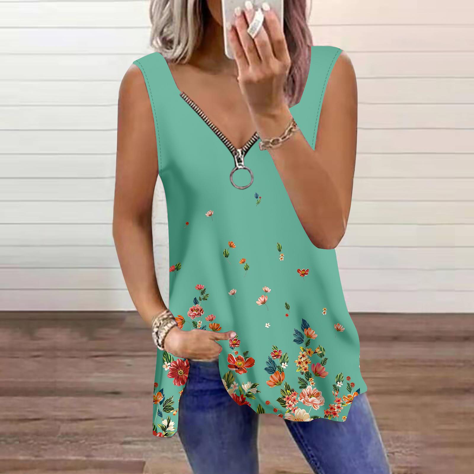 

Женский топ, летний, красочный, с принтом падающих цветов, повседневный, большого размера, без рукавов, на молнии, с V-образным вырезом, майка 8XL светло-синий