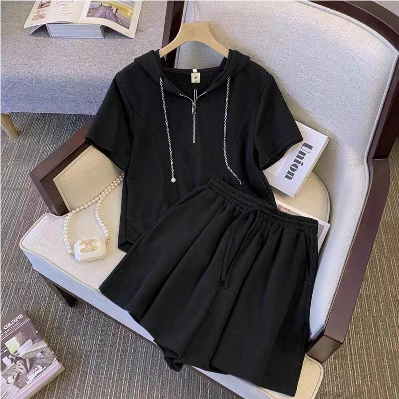 Damen Sommer Fette Mädchen Kapuzenpullover Kurzarm Oberteil Lockere Shorts Lässiger Zweiteiler Anzug