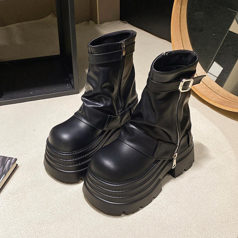 Spice Girl Style Maillard Western Cowboy Platform Martin Boots Women's Autumn and Winter New Height-increasing Muffin Pants Short Boots