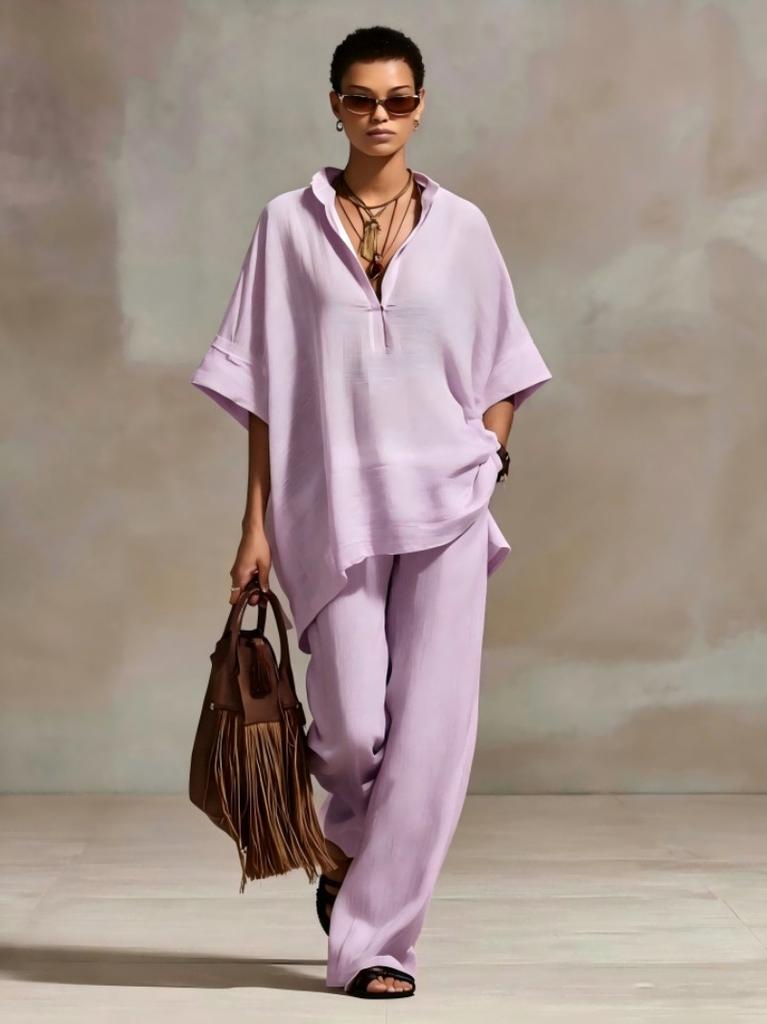 Women's Summer/Fall Casual Relaxed-Fit Solid-Color Shirt and Wide-Leg Pants Set