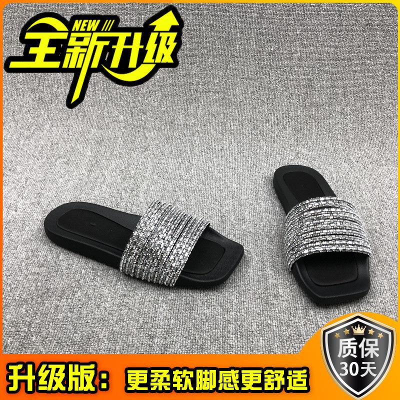 Fashion summer new casual sandals women's shoes open-toed flat-bottomed rhinestone strips outer wear one-word simple cool slippers women