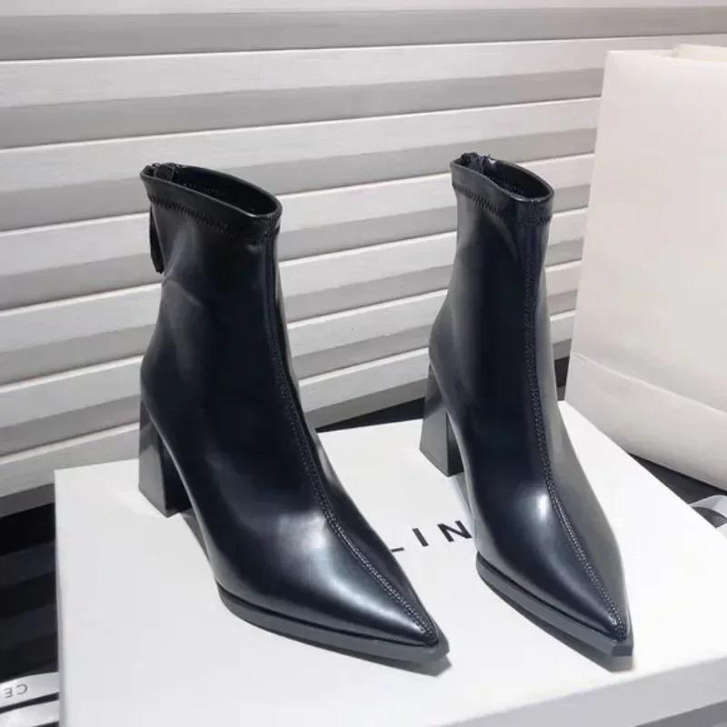New High Heels Ladies Shoes 2025 Fashion Zipper Women's Boots Pointed Toe Solid Short Barrel Chunky Heels Boots Botas De Mujer