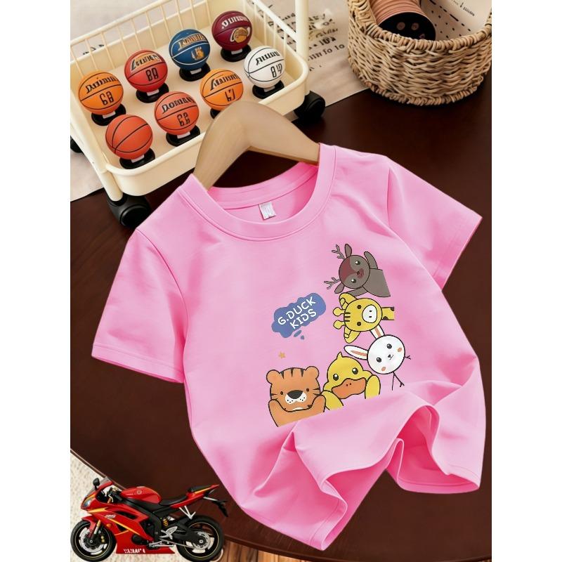 Kids Crewneck Short Sleeve T-Shirt, Cute Cartoon Placement Print