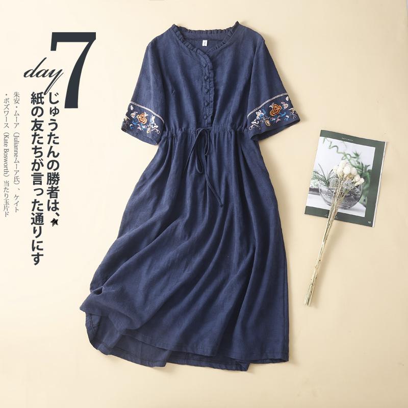 Baumwoll-Leinen-Stickkleid Damen Sommer 2025 Lang Locker Gas spitzenkragen Kurzarm Knielang Rock