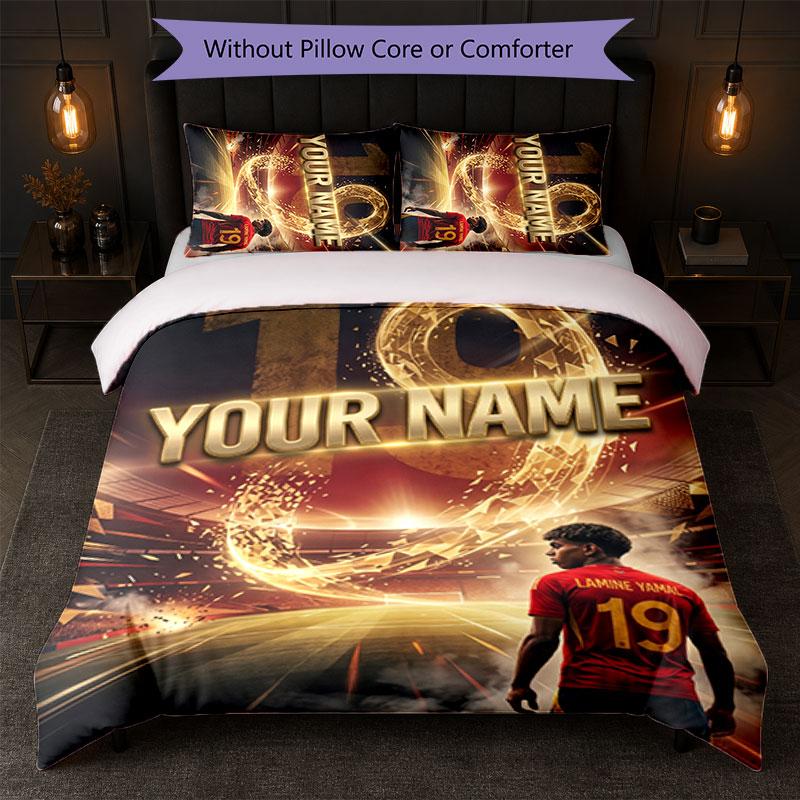 Set Biancheria da Letto Personalizzato con Nome Testo Lamine Yamal 1 Copripiumino+2 Federe Logo Calcio Regalo Personalizzato per Occasioni Speciali Decorazione Camera da Letto