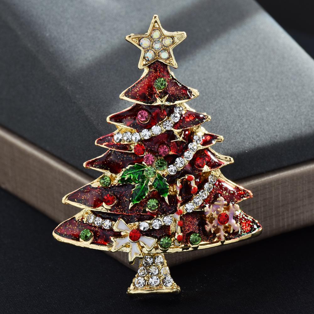 Neutral Style Two-Color Rhinestone Enamel Christmas Tree Brooch Gift for Party or Office