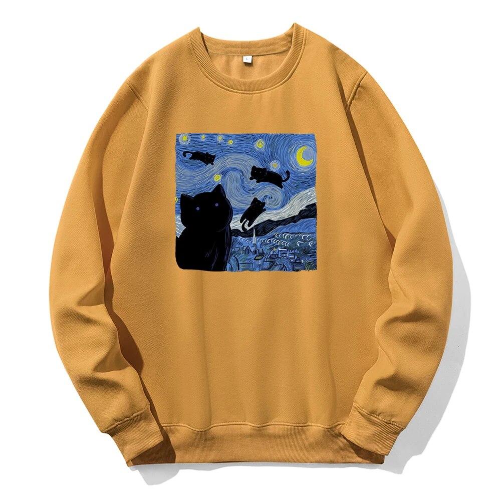 Pictură în ulei Pisică neagră Noapte înstelată Imprimare Glugă Unisex Moda sportivă Noi Hanorace Fleece Hanorac cald Hanorac largi supradimensionat