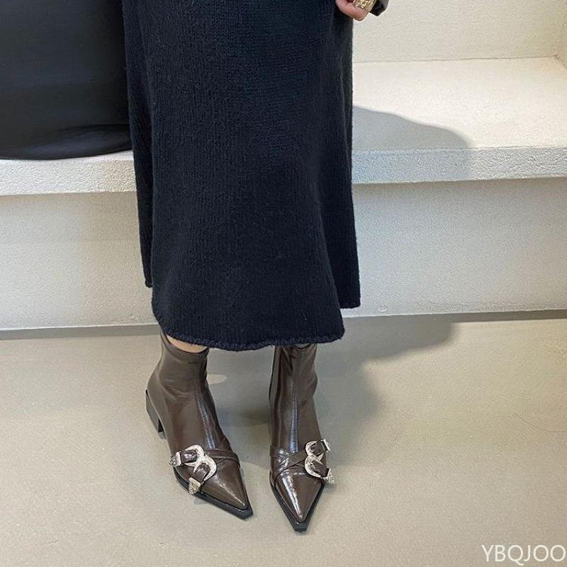 Autumn Winter Pointed Belt Buckle Thick Heel Short Boots for Women High Heels Back Zipper Soft Leather Slimming Short Boots