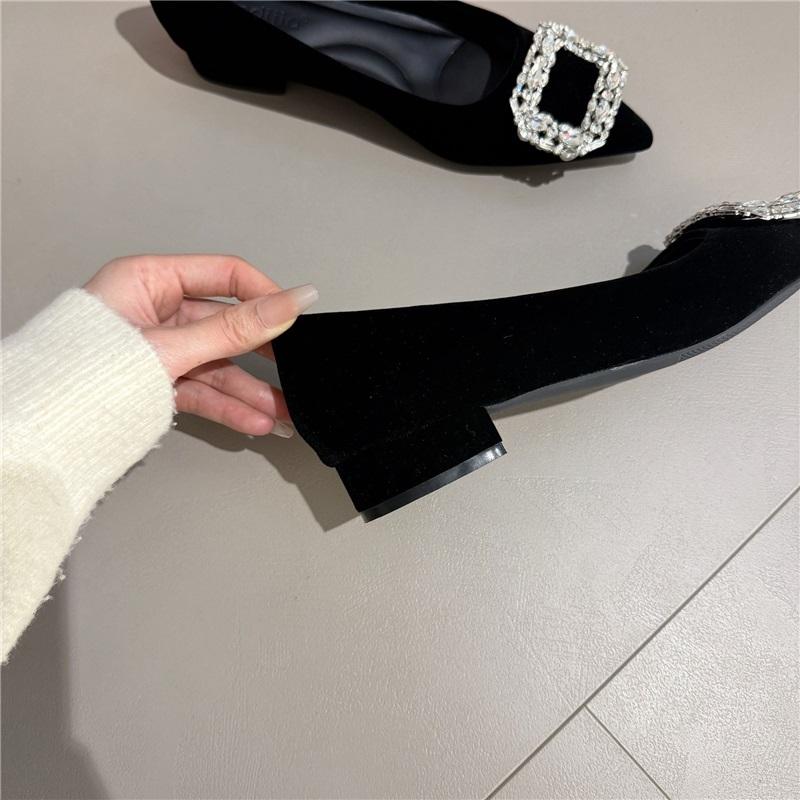 Rhinestone Buckle Luxury Block Heel Flats French Pointed Toe Women Banquet Slip On Loafers