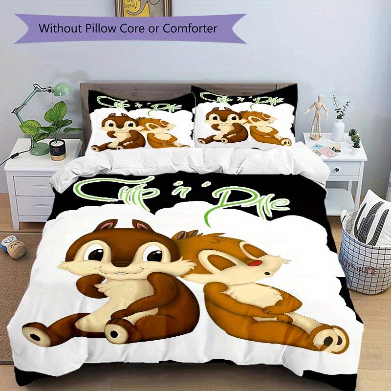3pcs Cute Chip 'n' Dale Quilt Set Soft and Comfortable Bedroom, Guest Room and Dorm Decor Bedding Set 1 Quilt Cover + 2 Pillowcases.S029