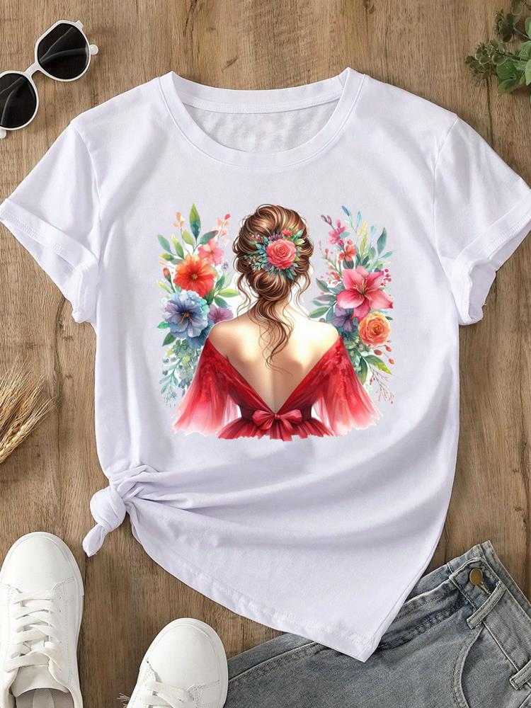 (Asian Size) O-neck Women's Top T Clothing Print Short Sleeve T-shirts Lovely Flower Trend Cute Fashion Female Casual Graphic Tee
