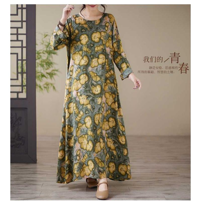 Loose Printed Round Neck Long Sleeve Dress Women's Long Dresses
