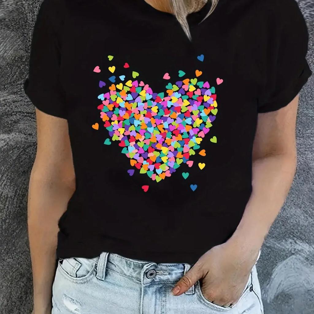 Women's T-shirt Heart-shaped Pattern Printing Summer Clothing Round Neck Short Sleeve Summer Sleeved Harajuku Streetwear Tops