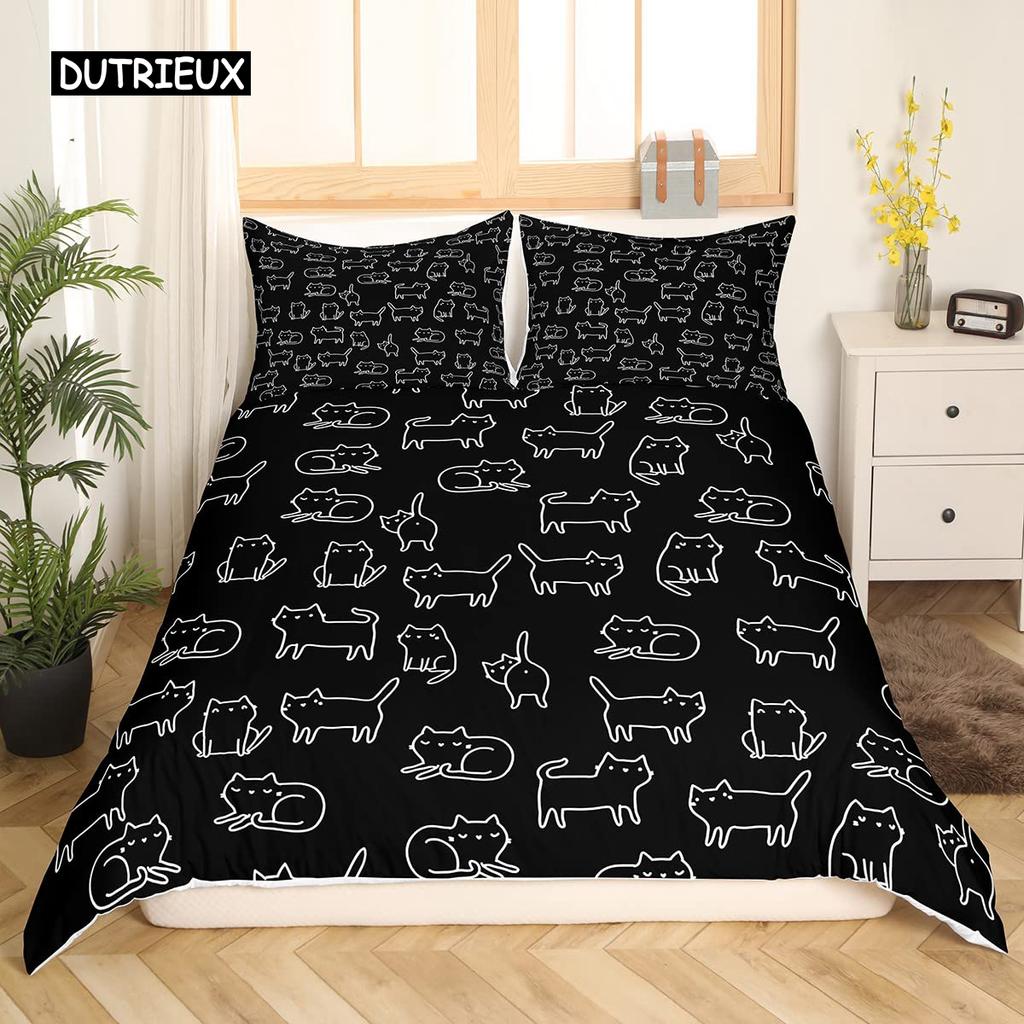 White Cat Flower King Queen Duvet Cover Kitten Bedding Set Pet Animal Polyester Quilt Cover Girls Pink Floral Comforter Cover