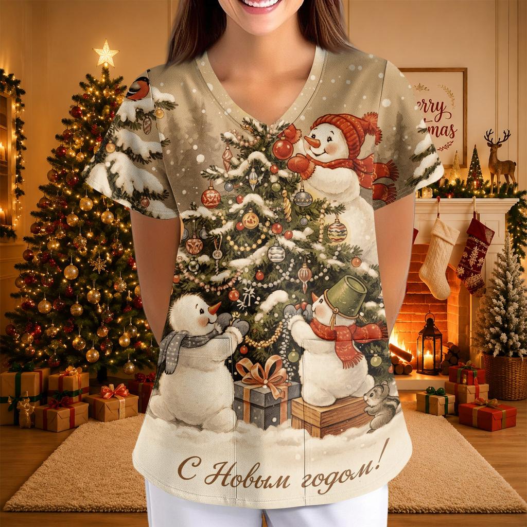 Women's Christmas Print Short Sleeve V-Neck Loose Fit Caregiver Uniform with Pockets