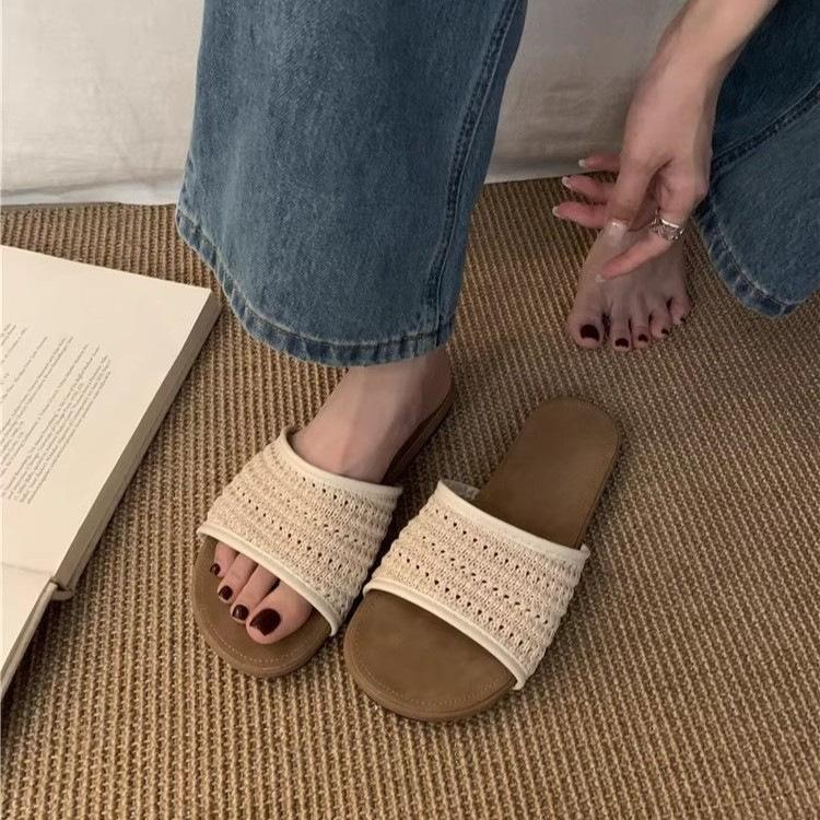 One Word Cool Slippers Women's Shoes 2025 Summer Korean Version Lazy Wind Woven Bohemian Vacation Cool Slippers Women's Shoes