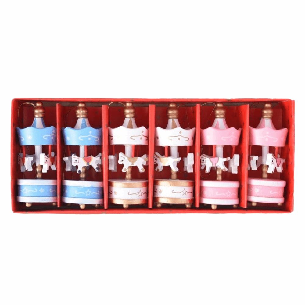 6Pcs Decorative Mini Christmas Wooden Carousel Gifts DIY Crafts Christmas Handmade Carousel Xmas Carousel Hanging New Year Decor