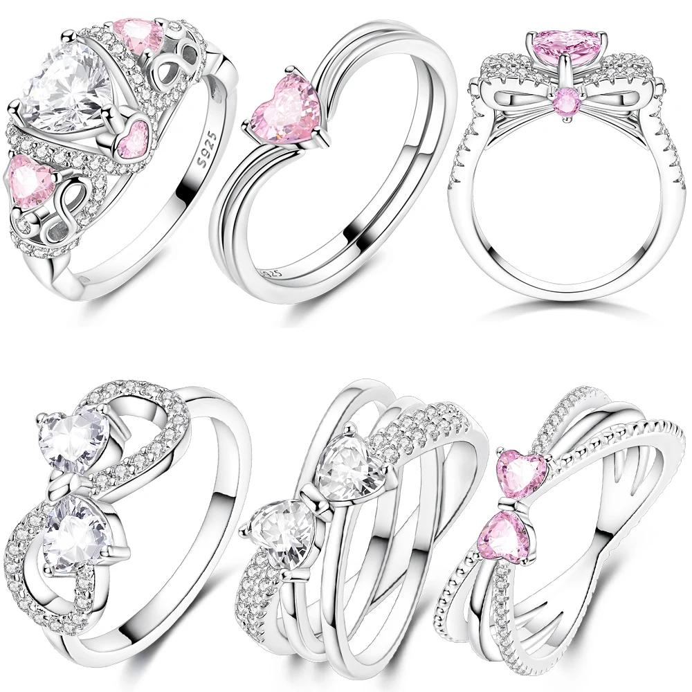 Authentic Pink Zircon Heart Bow Ring Copper Womens Accessories Jewellery Valentines Day Fine Ring Gifts Set High Quality