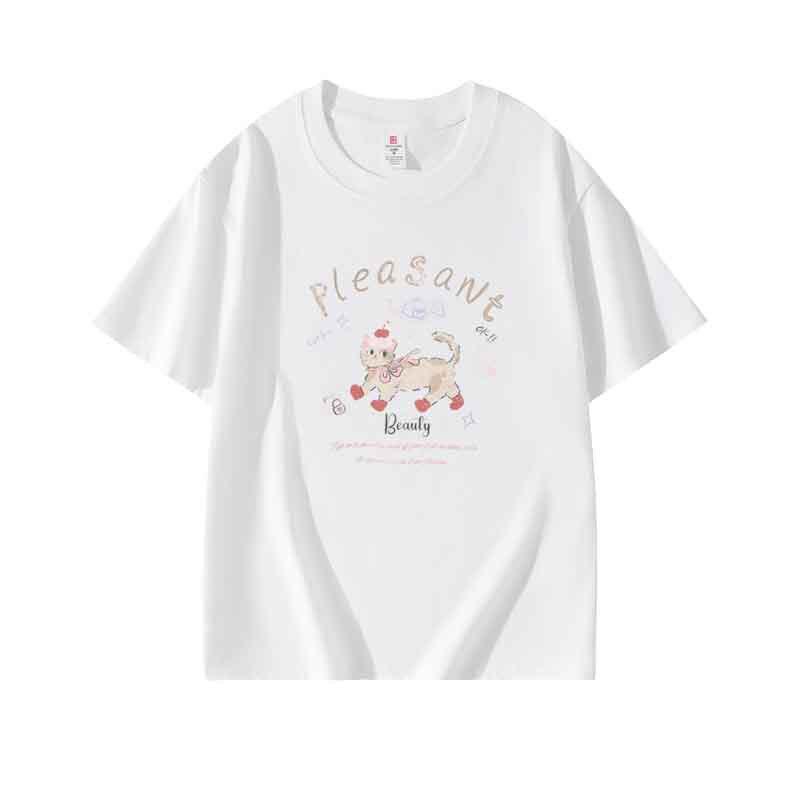 White round neck cotton short-sleeved T-shirt women s summer new cartoon cat print casual loose short-sleeved top S белый