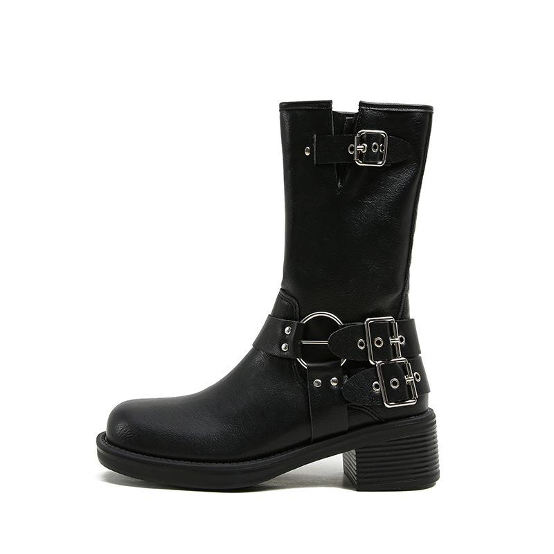 

- Ботильоны с круглым носком, кожаные, с пряжкой, на толстом каблуке, на толстой подошве, в западном стиле, со средним голенищем, рыцарские ботинки мартин, женские, летние 35