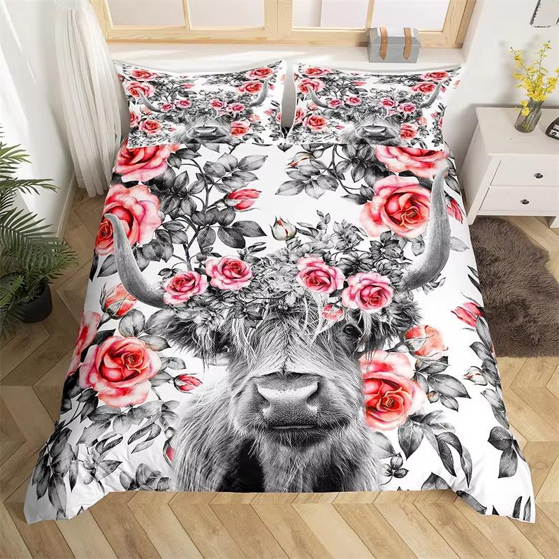 Kids Highland Cattle Flower Duvet Cover Set Farm Animal Bull Cow Comforter Cover Microfiber Western Cowboy Twin King Bedding Set