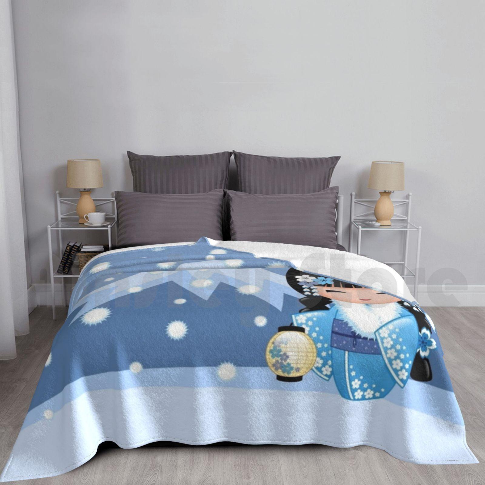 Winter Kokeshi Doll V2 Blanket For Sofa Bed Travel Winter Kokeshi Doll Geisha Kimono Cute Girly Chibi Kawaii Size: 75*100cm, Weight: 230 GSM