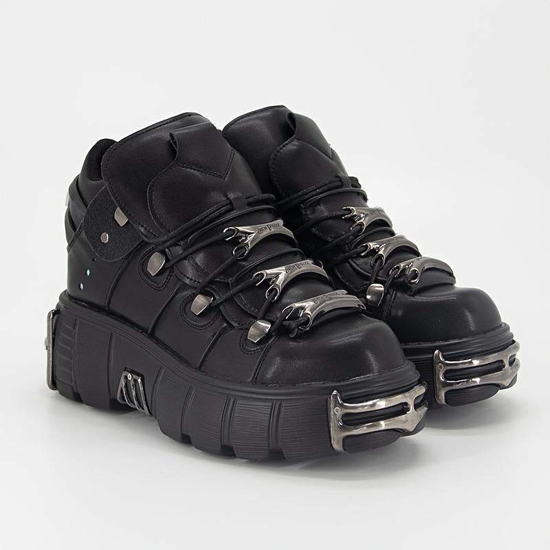 Gothic Punk Style Women's Ankle Boots - Lace-Up, Platform Heel, Round Toe with Metal Accents, Faux Cover