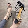 2025 new high-heeled sandals women's summer fashion outer wear leopard print word with rhinestone open-toed Roman sandals women's fine heels