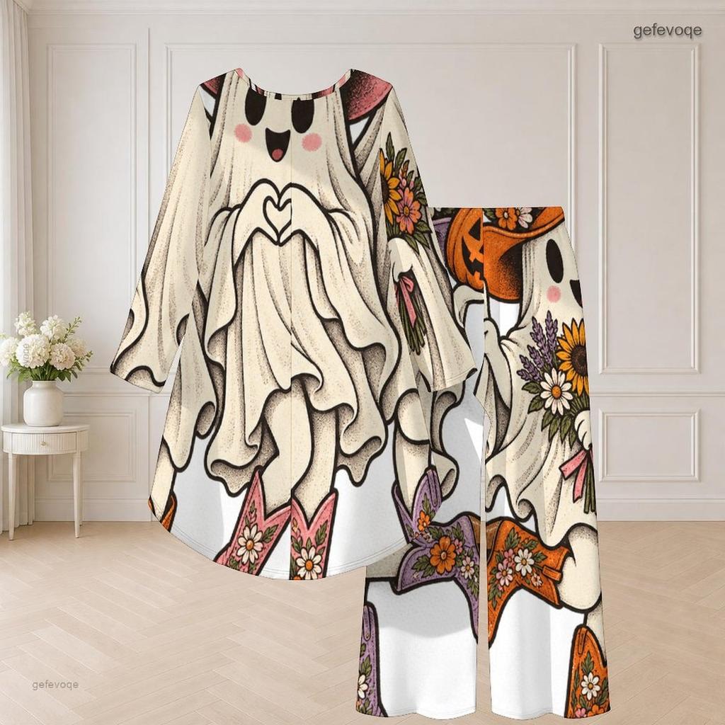 Women Plus Size Round Neck Long Sleeve Cartoon Bear Printed High Low Top Wide Leg Pants Two Piece Set