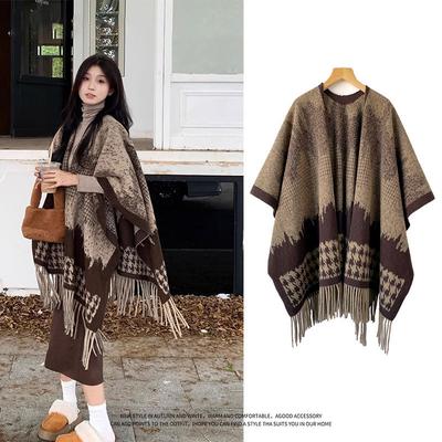 Korean Version Of Gradient Houndstooth Thickened Warm Cloak Shawl For Women In Winter  Scarf With Tassel Versatile Cloak