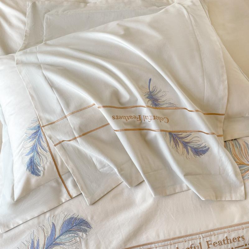50 Cotton Polished Long-Staple Cotton Bed 4Pcs Set Feather Embroidery 100 Cotton Bed Sheet Quilt Cover