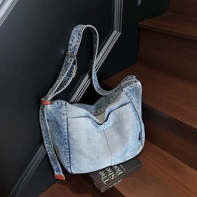 Sac bandoulière vintage grande capacité Sac en jean lavé Polyvalent Sac d'épaule japonais Étudiant d'université Facteur