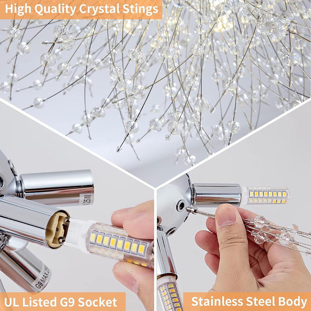 6-Light Sputnik Flush Mount Ceiling Light Fixture, Modern Chrome Crystal Firework Ceiling Lights, Close to Ceiling Lamp for Bedroom Kitchen Hallway