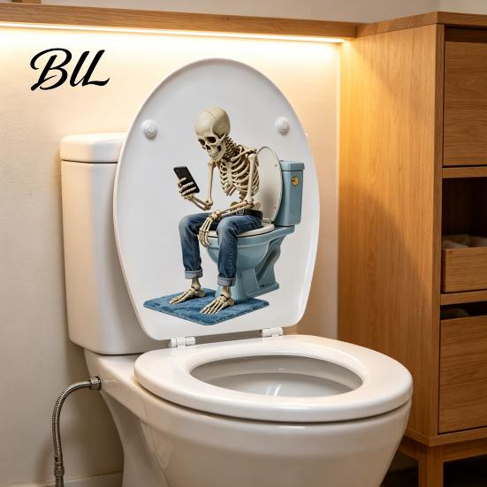Bathroom Toilet Seat Decals Funny Skeleton Cover Sticker, Self-Adhesive Waterproof Sitting On Quick Home Transformation Stickers Lid Decal,