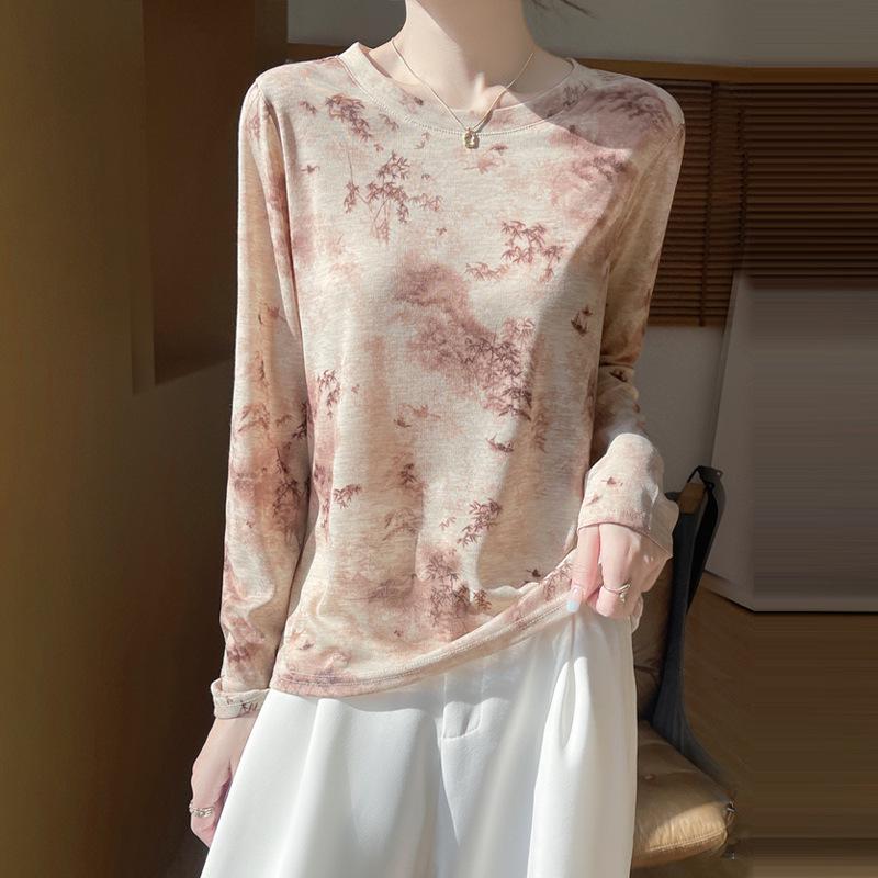 

Summer 2025 Tie-Dye Round Neck Long Sleeve Loose Knit Top for Women Medium