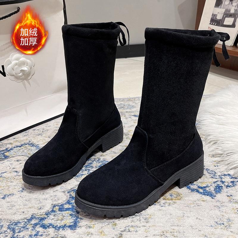 Autumn and Winter New Thick Heel Suede Large Size Velvet Cotton Boots Rear Lace-up Round Head Middle Heel Thin Boots