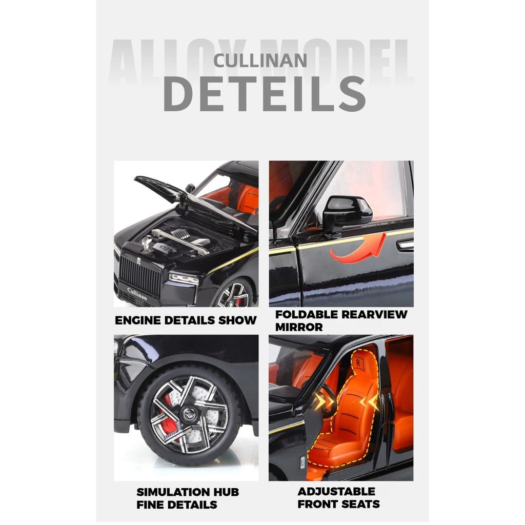 1/24 Rolls Royce Cullinan SUV Alloy Diecast Model Metal Vehicle Ornament Front Wheel Steering Pull Back Toy Trendy Gift for Boys