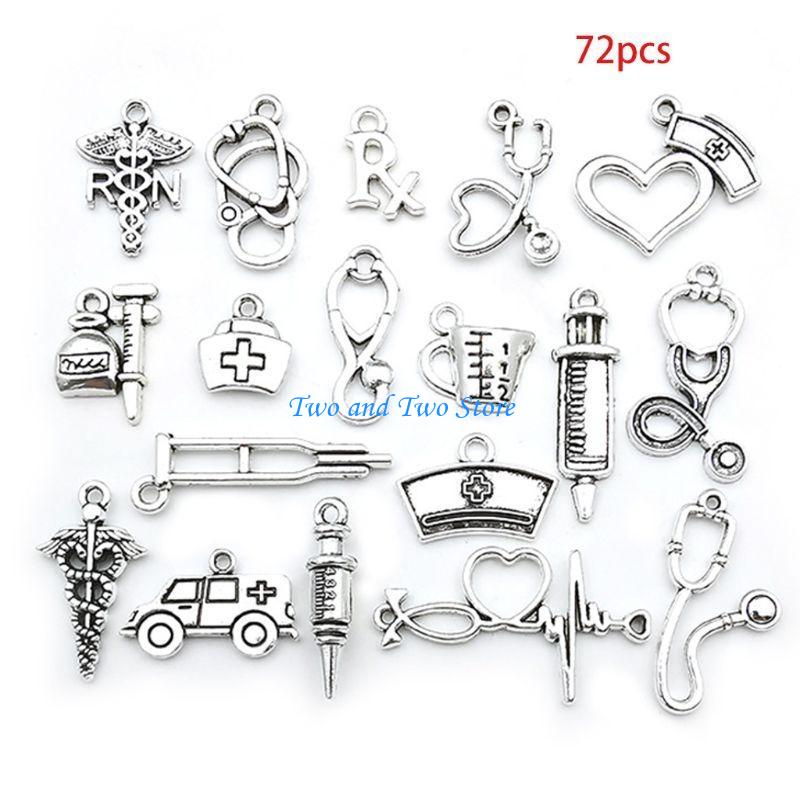 HX6F 72Pcs Mixed Antique Silver Doctor Nurse Charms Stethoscope Ambulance Pendant for DIY Necklace Bracelet Jewelry