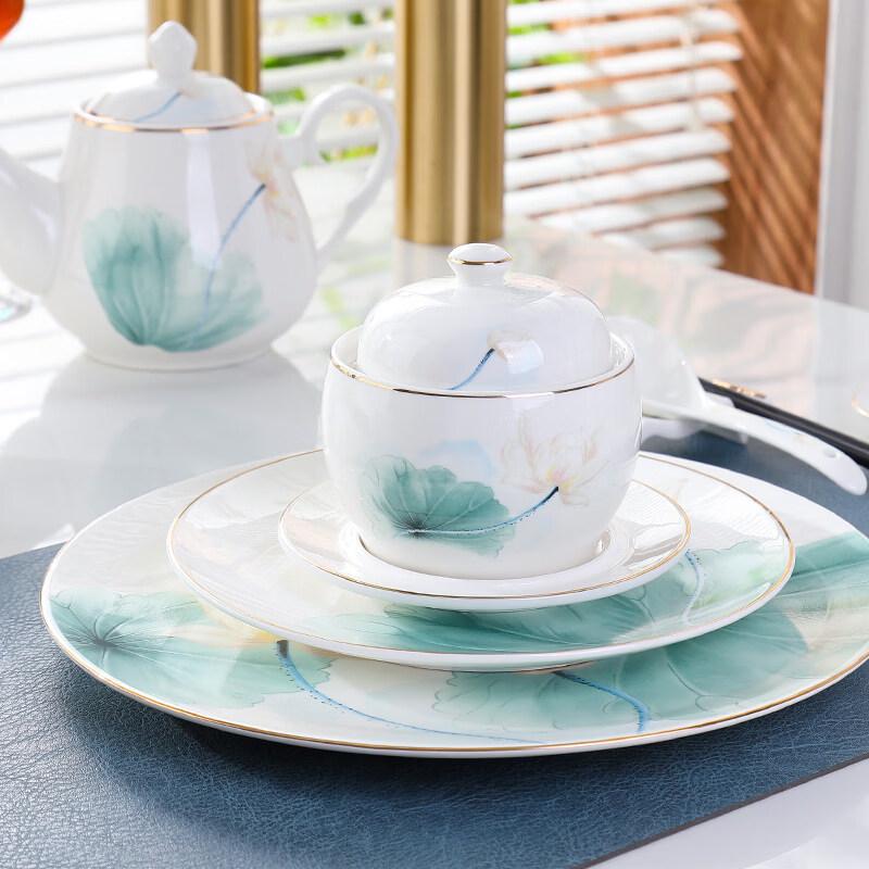 Elegant Gold Rim Lotus Ceramic Dinnerware Set