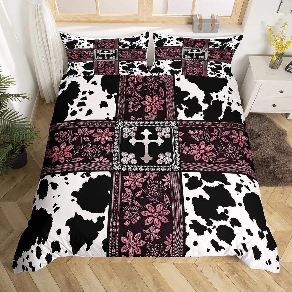 Cow Print Duvet Cover Queen Vintage Floral Bedding Set For Girls Boys Men Western Farmhouse Animal Bull Cattle Skin Quilt Cover