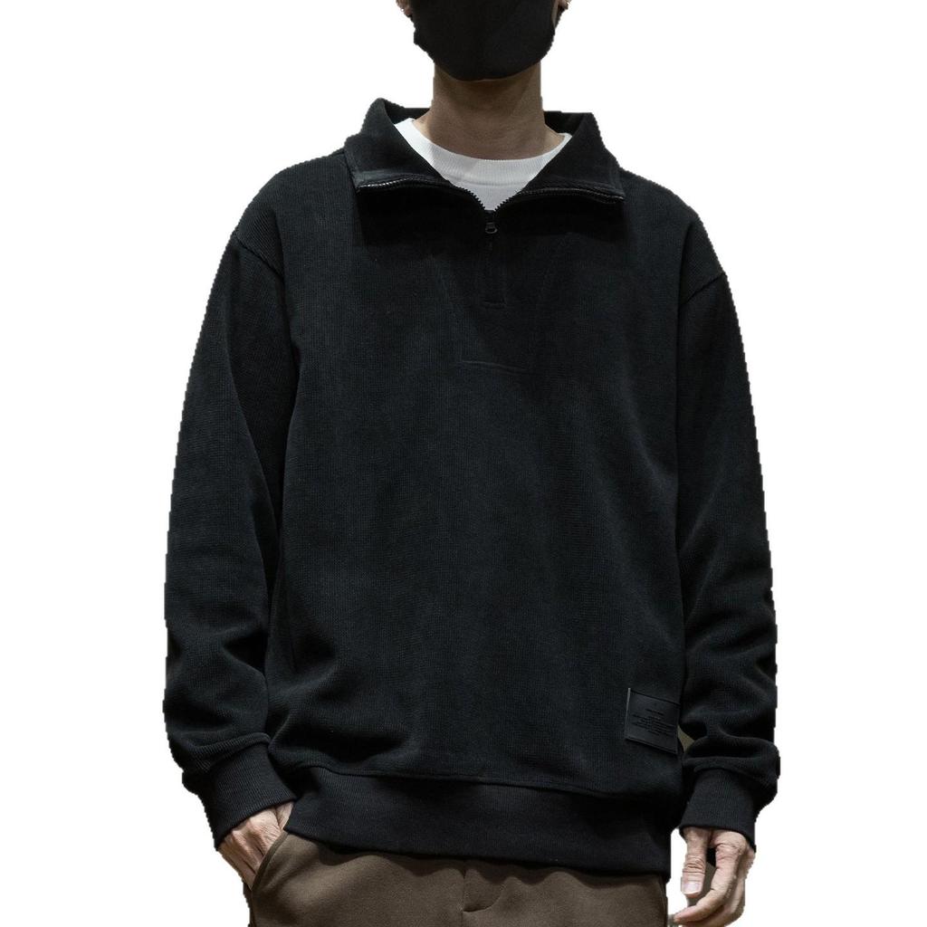 Men's Corduroy Half-High Collar Zipper Hoodie - Warm, Loose, Casual, Plus Velvet, Trendy Autumn/Winter Outerwear Sports Top
