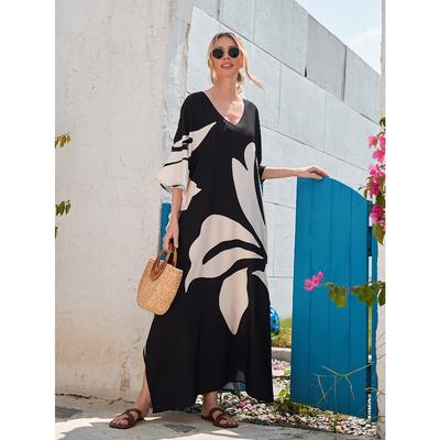 Vestido playero tipo caftán con escote en V y mangas murciélago con estampado floral para mujer de talla grande